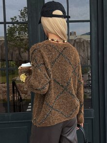 DAZY Women's Rhombus Pattern Sequin Pullover Sweater - Coffee Brown - View 5