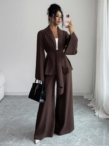 Elenzga Elegant Commute Bell Sleeve Waist-Cinching Blazer & Wide Leg Pants Suit Set - Brown - View 5