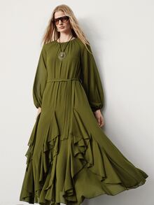 Aveloria Modichic Fall Olive Green Solid Chiffon Round Neck Long Sleeve Dress With Waist Belt Cinched Layered Ruffle Hem Elegant French Party Cocktail Brunch Dinner - Army Green - View 4