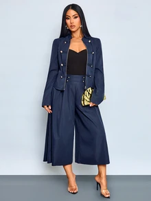 SOLERSUN Women's Vintage Military Two Pieces Suit, Napoleon Inspired Cropped Jacket And High Waist Wide Leg Pants Set With Gold Button Accents - Blue - View 4