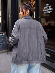 SHEIN EZwear 大尺碼對比色條紋青蛙鈕扣薄夾克 教師正式灰色秋季運動休閒款 - 深灰色 - 查看 3