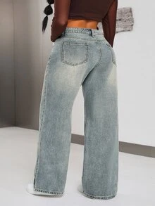 Plus Size Women's Casual Daily Outing Denim Jeans With Pockets And Buttons - Blue - View 2