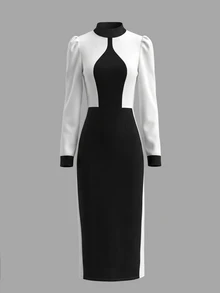 SHEIN Women's Elegant Contrast Black & White Mid-Length Dress - Black and White - View 6