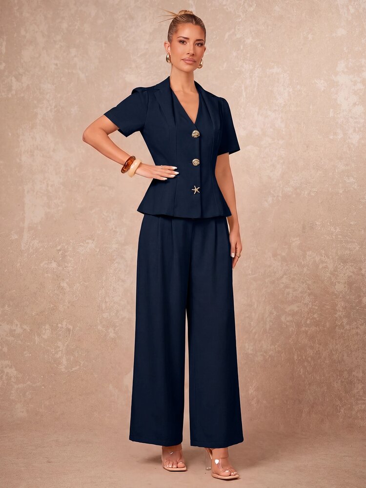 Lumalex Women's Metal Single-Breasted Short Sleeve Blazer And Pants Casual Set - Navy Blue - View 12