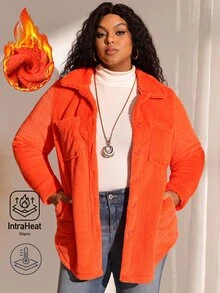 BrightlyHer Jaket Fleece Oranye Tua Ukuran Besar, Saku Depan Kancing, Leher Bulat, Lengan Panjang, Pakaian Luar Kasual Musim Gugur/Musim Dingin 2026 - Burnt Orange - View 3