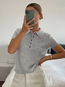 Livesso Women's Wool Blue Grey Turn-Collar Button Short Sleeve Slim Fit Ribbed Jacquard Knit Casual French Basic Top, Summer/ Office Brunch - Grey - View 3