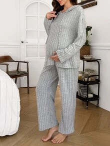 Moonlight&Mama Autumn/Winter Casual Ribbed Fabric Hooded Long Sleeve Top And Pants Maternity Loungewear Set, Soft And Comfortable - Light Grey - View 7