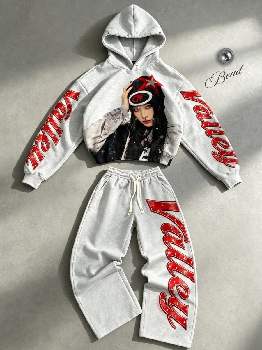 ROMWE MEN Street Life Men's Cool Street Style Letter Print Hoodie Sweatshirt And Drawstring Waist Long Pants Set - Grey - View 1