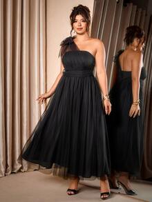 Cravure Plus Size Sleeveless Mesh Halter Bowknot Waist A-Line Elegant Romantic Dress, Suitable For Weddings, Parties - Black - View 1