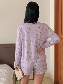 DAZY 3件組可愛熊圖案滿版印花女款吊帶背心開襟外套短褲睡衣套裝 - 紫色 - 查看 2
