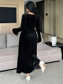 Dazy Plus Velvet Fitted Elastic Bodycon Elegant Banquet Contrast Lace Mermaid Dress Spring/Autumn New Style - Black - View 2
