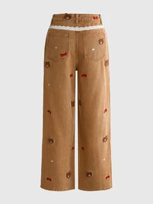 ROMWE Autumn/Winter Sweet Kawaii Embroidered Bear Casual Straight Wide Leg Jeans For Women - Brown - View 2