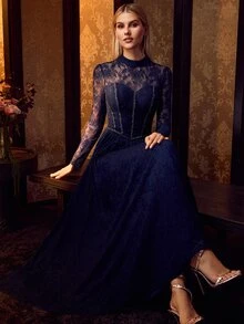 MOTF PREMIUM WOMEN'S ELEGANT MOCK NECK LONG SLEEVES LACE MAXI GOWN FOR FORMAL EVENING PARTY, WEDDINGS, GALAS - Navy Blue - View 2