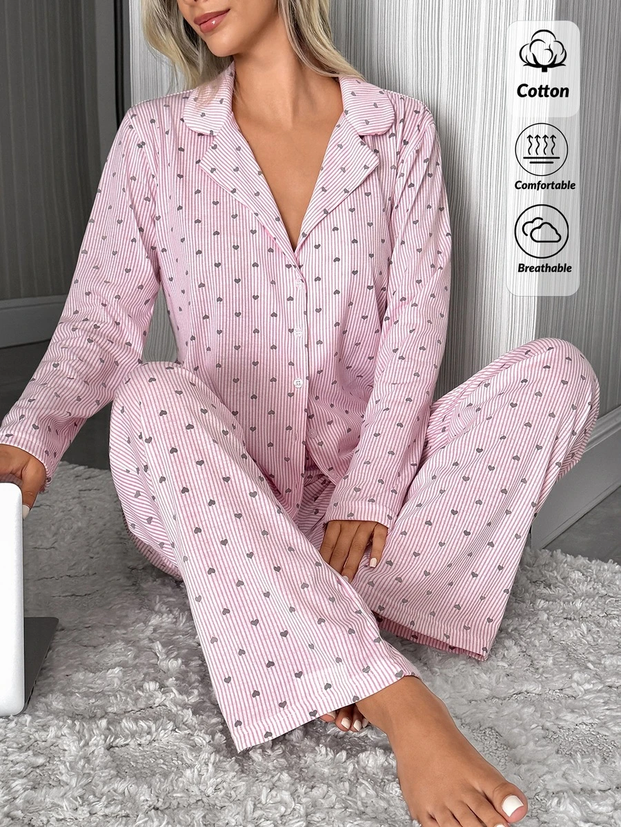SHEIN Pink Heart Print Striped Button Front Casual Pajama Set - Pink - View 1