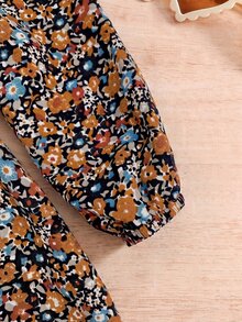 SHEIN 女嬰花卉拼接花瓣袖洋裝 - 棕色 - 查看 5