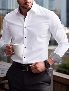 Manfinity Mode Men's Business Casual Solid Color Patchwork Plaid Long Sleeve Shirt - White - View 1