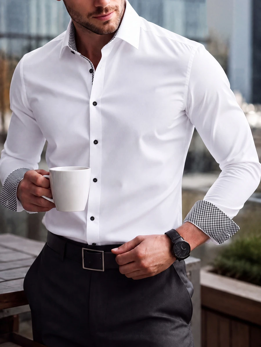 Manfinity Mode Men's Business Casual Solid Color Patchwork Plaid Long Sleeve Shirt - White - View 1