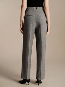Anewsta Essential Women's Elegant Commute High Waist Pleated Side Button Straight Leg Trousers Grey Pants, Suitable For Commute, Daily, Date Outfits - Grey - View 2