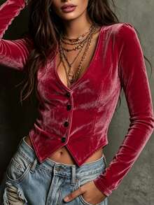 SHEIN LUNE Single-Breasted Decor Deep V-Neck Long Sleeve Velvet Cropped Top, Asymmetrical Pointed Hem Cardigan, Party Date Night Out Top, Christmas Gathering - Hot Pink - View 3