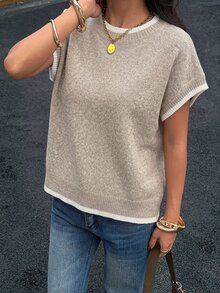 Siren Gaze 女款拼色圓領短袖休閒極簡針織上衣 辦公穿搭 白色 - 卡其色 - 查看 6