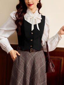 Vintamour 女款素色單排扣休閒百搭背心 - 黑色 - 查看 4