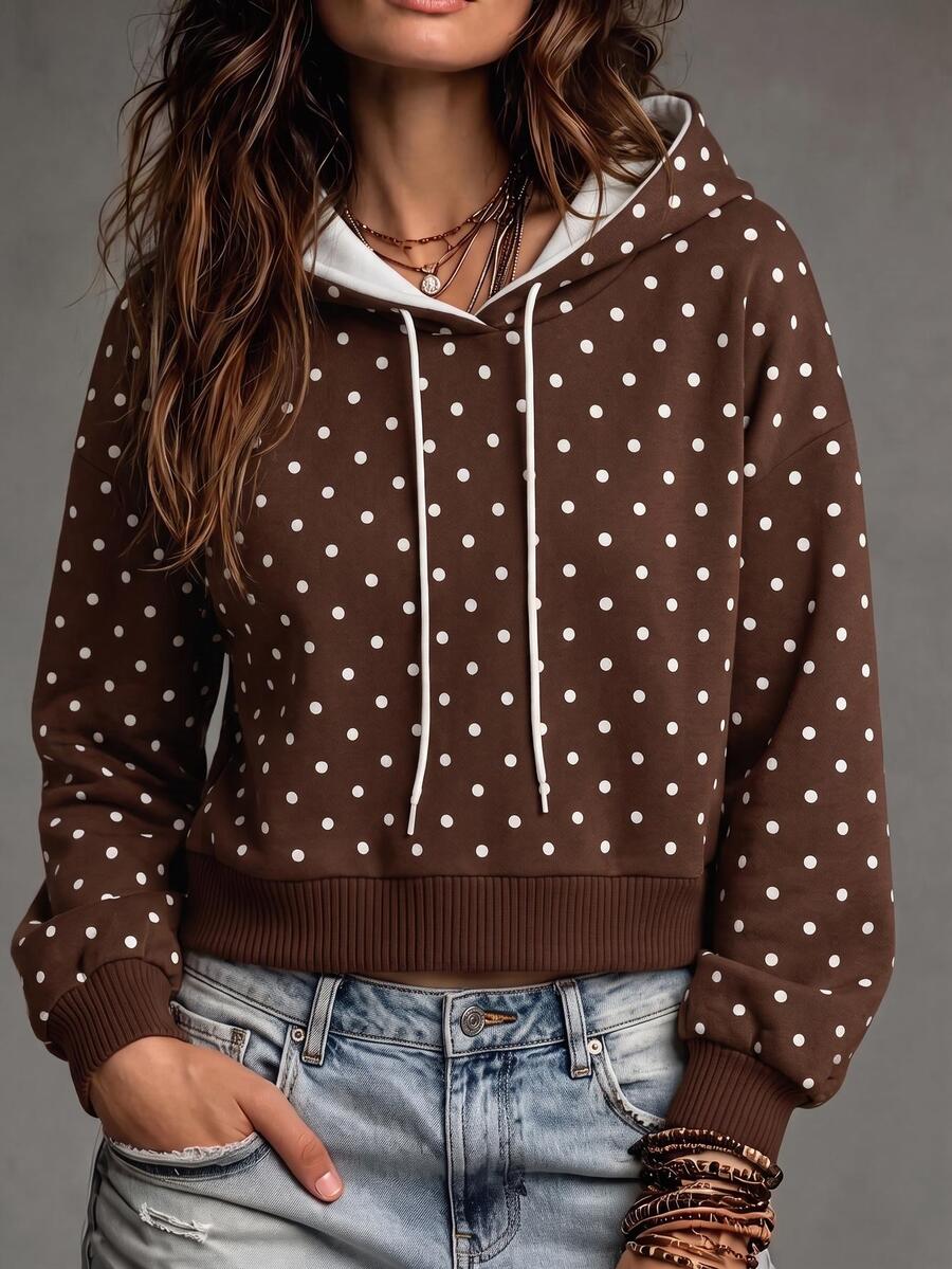 GlowEve Women Brown Polka Dot Hoodie, Loose Long Sleeve Drawstring Casual Sweatshirt - Multicolor - View 1