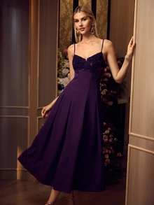 MOTF PREMIUM ELEGANT WOMEN SPAGHETTI STRAP 3D FLORAL APPLIQUE SATIN GOWN FOR FORMAL EVENING PARTY, WEDDING - Purple - View 6