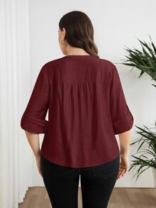 Modelyn Plus Size Women Solid Color Rolled Sleeve Notch V-Neck Blouse - Burgundy - View 2