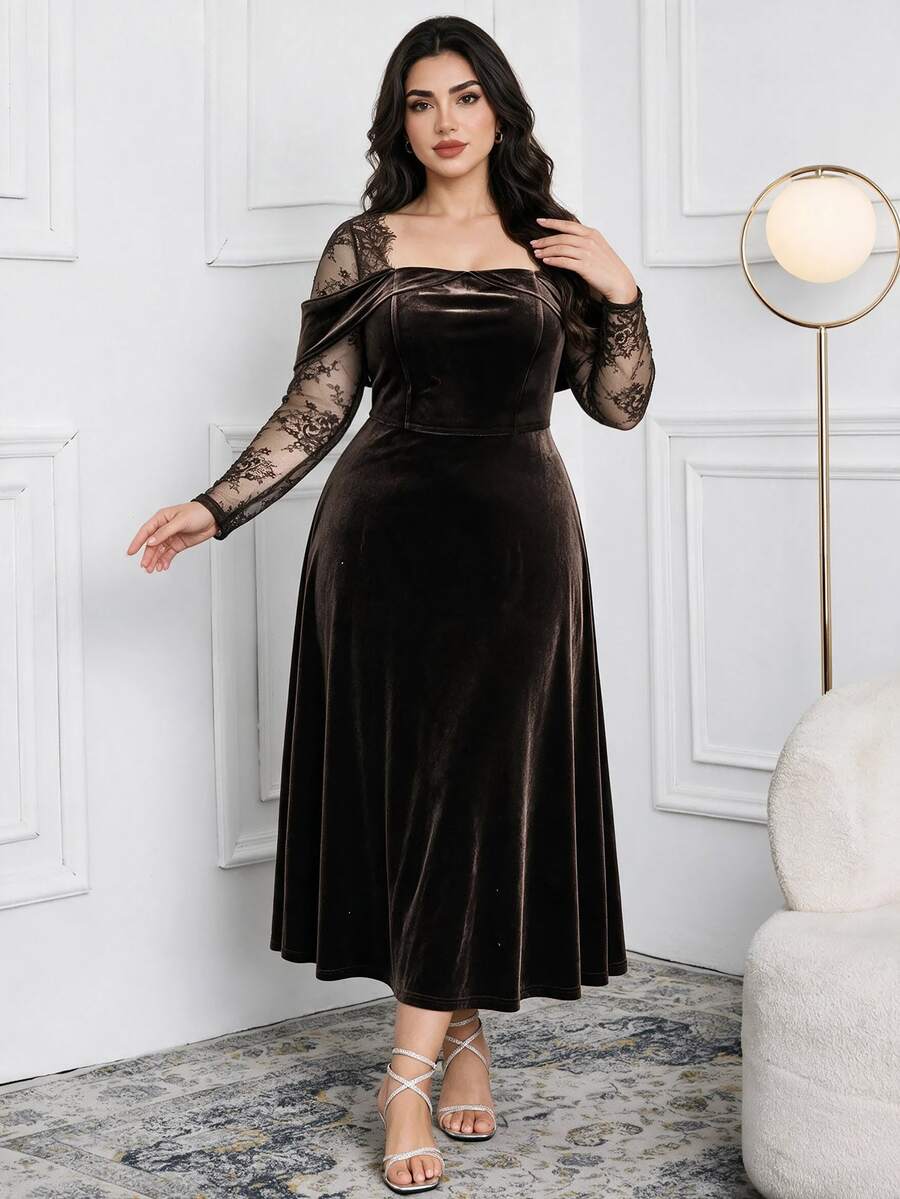 Modelyn Plus Size Elegant Party Lace Patchwork Dress - Coffee Brown - View 1