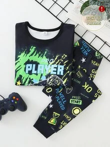 青少年男孩英文單字遊戲紮染霓虹印花長袖上衣與內搭褲2件套，舒適居家服 - 彩色 - 查看 4