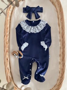 Newborn Baby Girl Fleece Romper, Autumn/Winter Elegant Princess Style Lace Trim Crawl Suit, Long Sleeve Footed Bodysuit With Headband, 2 Pieces Set Home Wear - Navy Blue - View 1