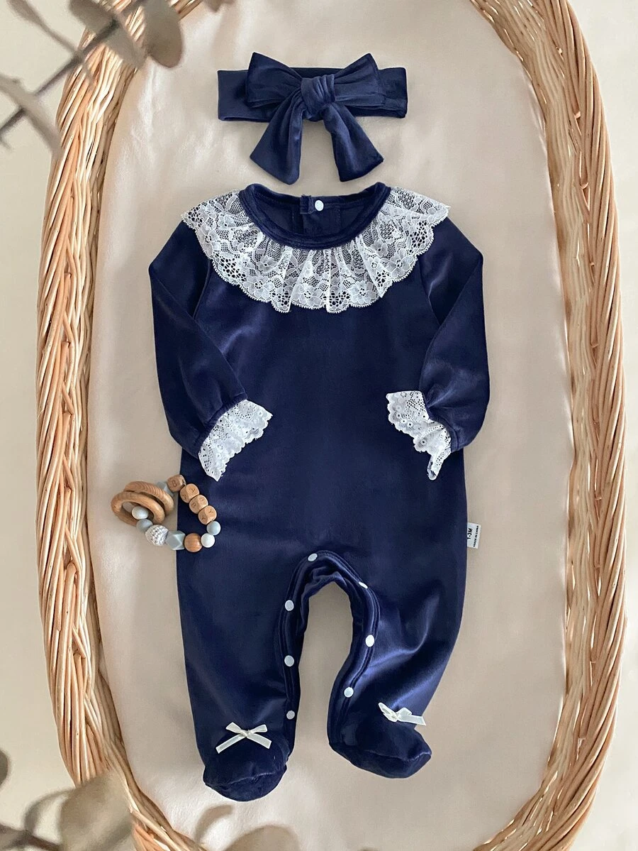 Newborn Baby Girl Fleece Romper, Autumn/Winter Elegant Princess Style Lace Trim Crawl Suit, Long Sleeve Footed Bodysuit With Headband, 2 Pieces Set Home Wear - Navy Blue - View 1
