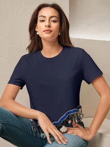 Anewsta Women's Summer Daily Ocean Element Niche Design Shell Pendant Round Neck Short Sleeve - Navy Blue - View 4