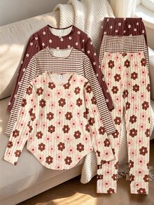 SHEIN Tween女孩長袖兩件套，3色可選：淺色底粉色與棕色花卉、棕色與白色橫條紋、深棕色底白色花卉；經典圓領長袖上衣配弧形下擺，搭配同款高腰鬆緊長褲，適合春秋穿著，甜美經典 - 彩色 - 查看 6