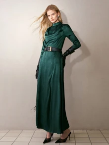 MOTF PREMIUM WOMEN'S STAND COLLAR JACQUARD WAIST-CINCHING LONG DRESS - Dark Green - View 3