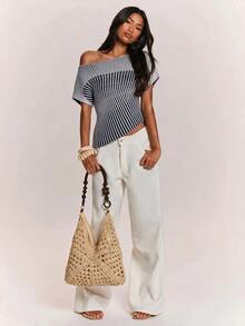 SHEIN BAE Women's Fashion Colorblock Asymmetrical Hem Knit Top - Black - View 2