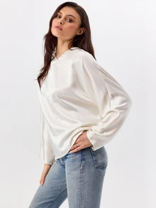 KÆRIA Hus Draped Cocoon Long Sleeve Top - Soft Sheen Drape - Ivory - Elegant, Business, Formal, Workwear Top, Fall, Summer, Chic, Modern - White - View 6