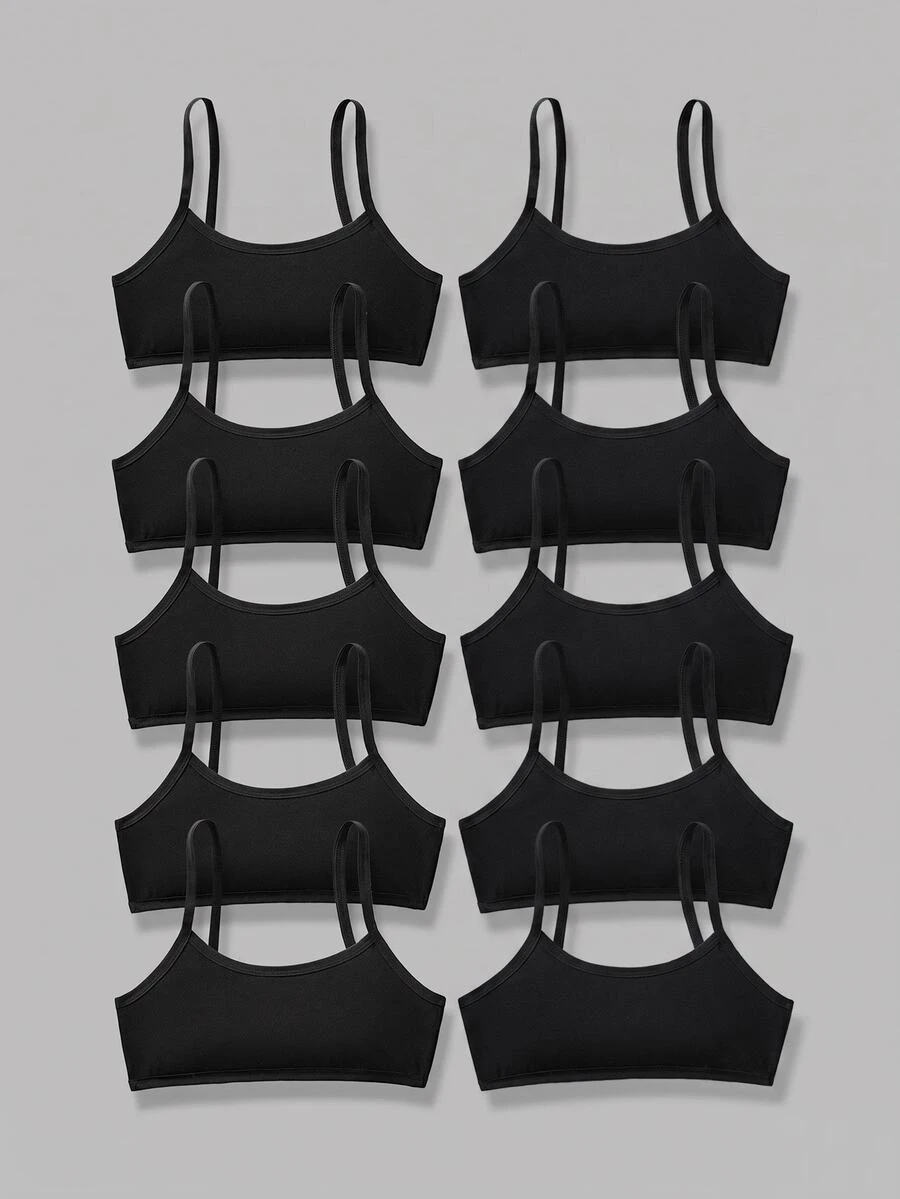 SHEIN Girlism Tween女孩簡約舒適親膚兒童學生成長期背心內衣 10件/包 - 黑色 - 查看 1