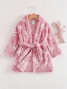 SHEIN 可愛毛茸茸蝴蝶結女嬰居家服，秋冬款 - 粉色 - 查看 5