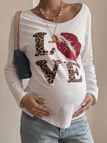 DAZY Letter Print Loose Long Sleeve Pullover Top Casual Streetwear Daily Spring Autumn Maternity T-Shirt - White - View 1