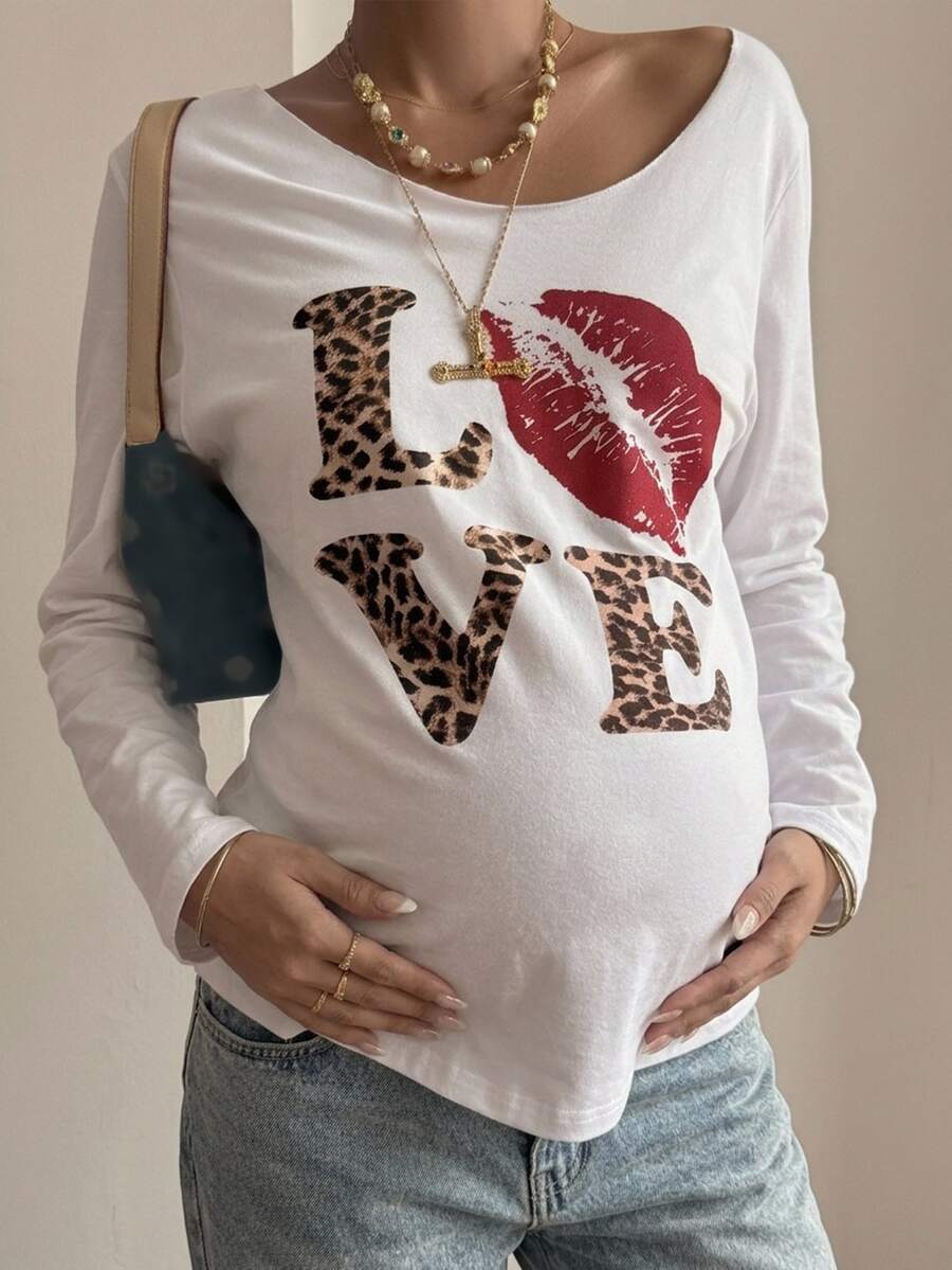 DAZY Letter Print Loose Long Sleeve Pullover Top Casual Streetwear Daily Spring Autumn Maternity T-Shirt - White - View 1