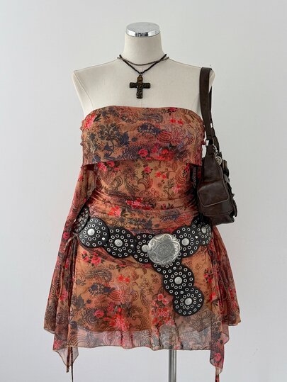Sunspun Große Größen Vintage Kleid mit Off-Shoulder, ausgestellten Ärmeln, geraffter Taille, Kordelzug und asymmetrischem Saum