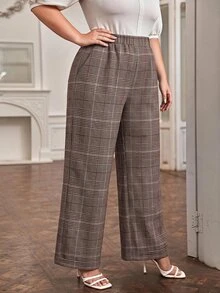 SHEIN LUNE Plus Size Women's Plaid Casual Versatile Daily Wear Long Pants - Brown - View 3