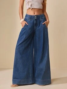 Selenza Women's Loose Wide Waistband 2-Button Straight Leg Wide Leg Vintage Denim Jeans - Dark Wash - View 4