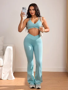 Slayform Women's Solid Color Halter Neck Cropped Top & Leggings Sports Set - Baby Blue - View 6