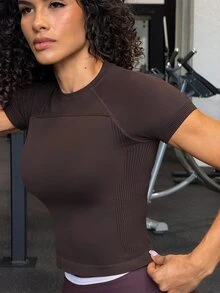 Solea Cove Women's Seamless Tight Waist-Cinched High Elastic Yoga Fitness Short Sleeve Solid Color Tank Top - Brown - View 7