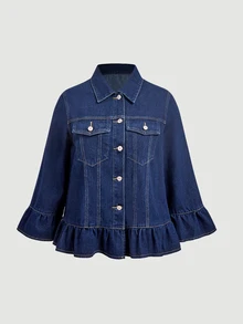 EMERY ROSE Áo khoác denim thời trang đường phố size lớn, cài cúc, gấu bèo nhún - Màu xanh lam - Xem 9