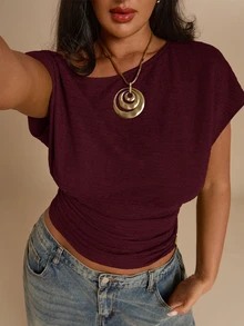 SHEIN BAE CURVE 大尺碼夏季休閒純色不對稱肩針織T恤 - 酒紅色 - 查看 7