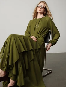 Aveloria Modichic Fall Olive Green Solid Chiffon Round Neck Long Sleeve Dress With Waist Belt Cinched Layered Ruffle Hem Elegant French Party Cocktail Brunch Dinner - Army Green - View 6