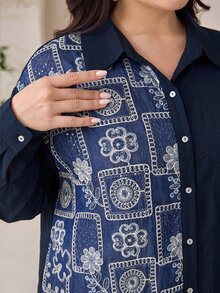 Veilorie 大尺碼秋季休閒花卉刺繡拼接襯衫 - 藏蓝色 - 查看 5
